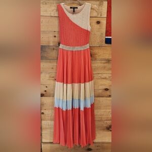 BCBG Sleeveless Colorblock Pleated Maxi Dress - Coral & Neutral